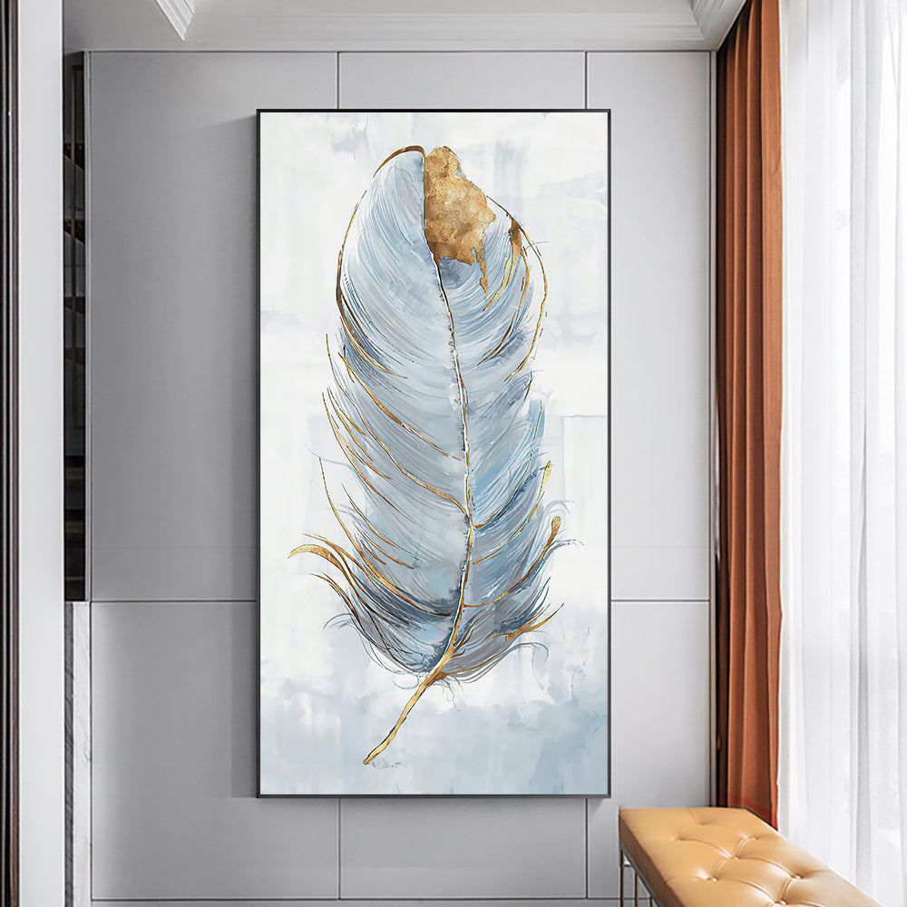 Abstract Luxury Oil Painting White and Gold Feather Canvas Picture Hand Painted Oil Painting,27inx54in,No Frame