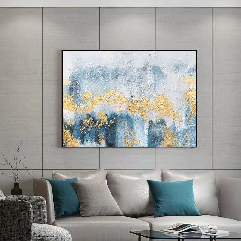 Hand Painted Modern Abstract Gold Foil Galaxy Blue Canvas Art Painting Living Room Bedroom Posters For Living Room,31inx47in,No Frame
