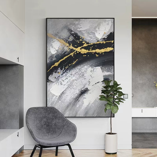 Handpainted Oil Painting Black and White Gray Abstract Gold Foil Living Room Sofa Background Wall Canvas,31inx47in,No Frame