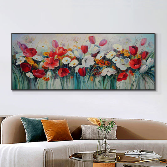 #420Abstract White Red Flowers Oil Painting  Handmade On Cotton Canvas Modern Hand Painted Wall Art,27inx54in,No Frame