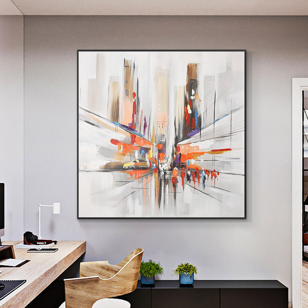 Abstract City Building Street People Oil Painting  Hand Painted On Canvas Decorative Modern Wall Art,31inx31in,No Frame