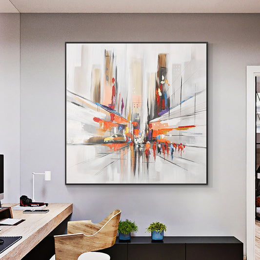 Abstract City Building Street People Oil Painting  Hand Painted On Canvas Decorative Modern Wall Art,31inx31in,No Frame