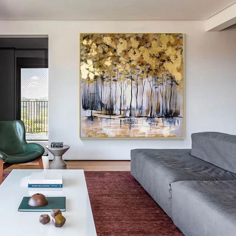 Pure Hand painted Abstract Oil Painting Living Room Hanging Painting Sofa Decoration Painting Gold Foil Fortune,31inx31in,No Frame