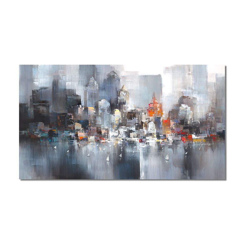 Handmade Oil Painting On Canvas Modern Abstract Wall Art NY City Building Skyline Grey Oil Painting,27inx54in,No Frame