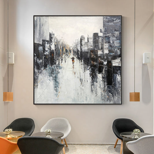 Modern Abstract Urban Architectural Landscape Oil Painting Handmade White Black Canvas Wall Art Painting For Living Room ,31inx31in,No Frame
