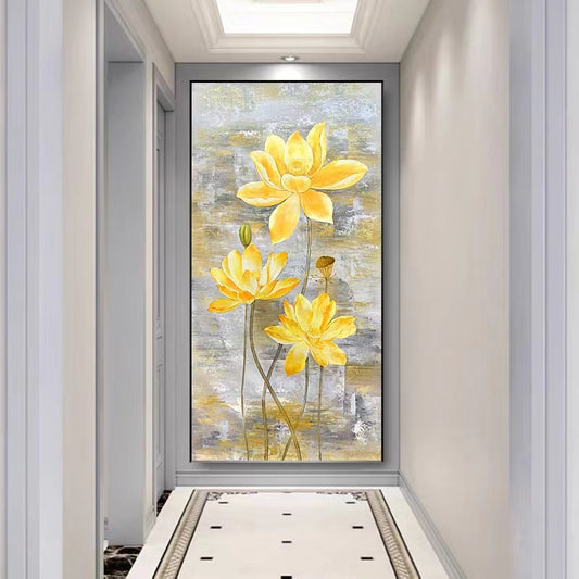 Lotus Flower Oil Painting Retro Hallway Living Room Background Wall Decorative Painting Hand painted Abstract Texture,27inx54in,No Frame
