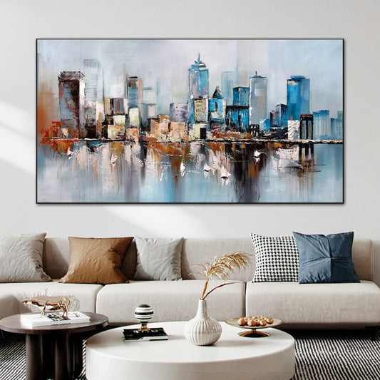 Handmade Oil Painting On Canvas Modern Abstract Wall Art NY City Building Skyline Grey Oil Painting,27inx54in,No Frame