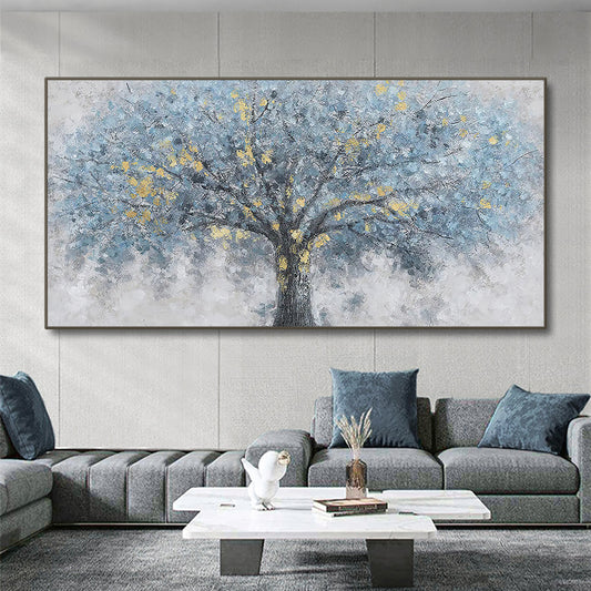 Hand Painted Abstract Landscape Oil Painting On Canvas Modern Grey Blue Tree of life Wall Art,27inx54in,No Frame