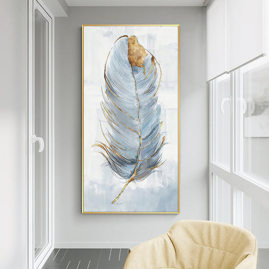 Abstract Luxury Oil Painting White and Gold Feather Canvas Picture Hand Painted Oil Painting,27inx54in,No Frame