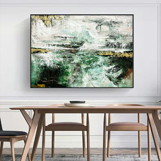 #820Modern Hand Painted Abstract Gold Foil Green Canvas Art Painting Living Room Bedroom Posters and Prints,31inx47in,No Frame
