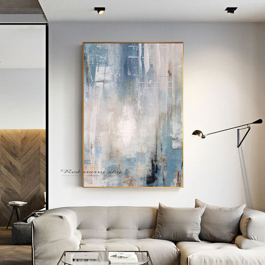 Pure hand painted canvas oil painting blue abstract painting living room mural home decoration frameless painting ,31inx47in,No Frame