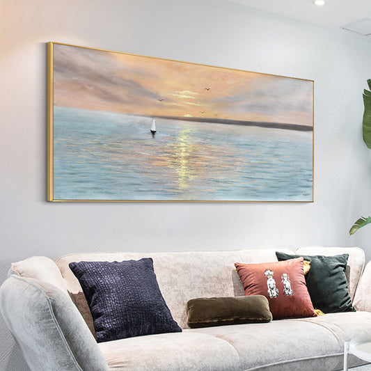 Abstract Landscape Hand Painted Oil Painting Sailboat and Sunset Canvas Picture Wall Art Seascape Painting,27inx54in,No Frame
