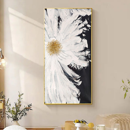 Handmade White Flower Picture Wall Art Paintings Handpainted Oil Painting Daisy On Canvas Modern Home,27inx54in,No Frame