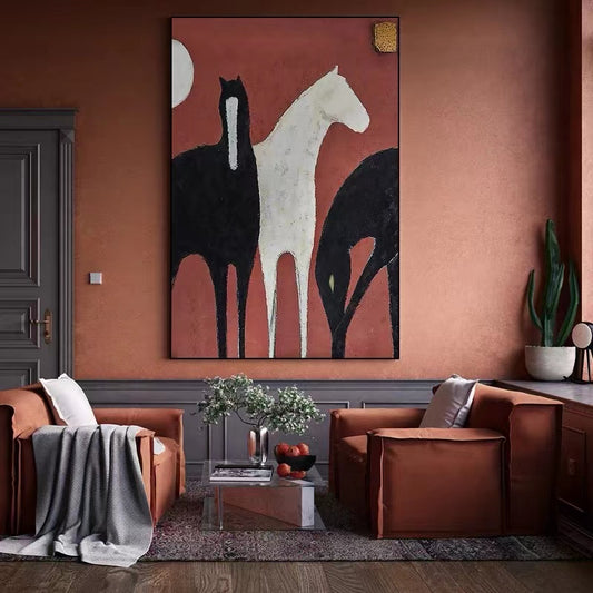 Handmade Animal Horse Oil Painting Modern Wall Art On Canvas Hanging Mural Living Room Picture Artwork,31inx47in,No Frame