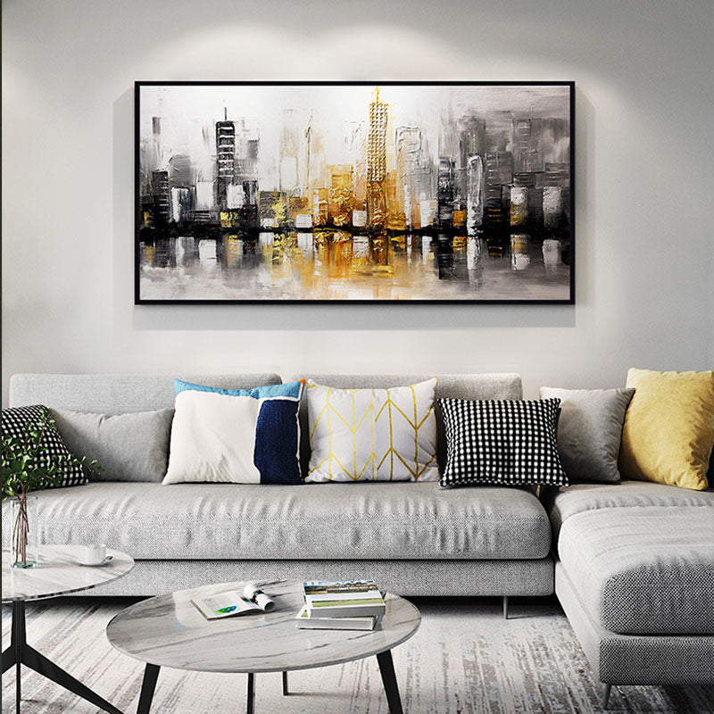Hand painted oil painting abstract modern light living room luxury bedroom City Impression oil painting decorative,27inx54in,No Frame