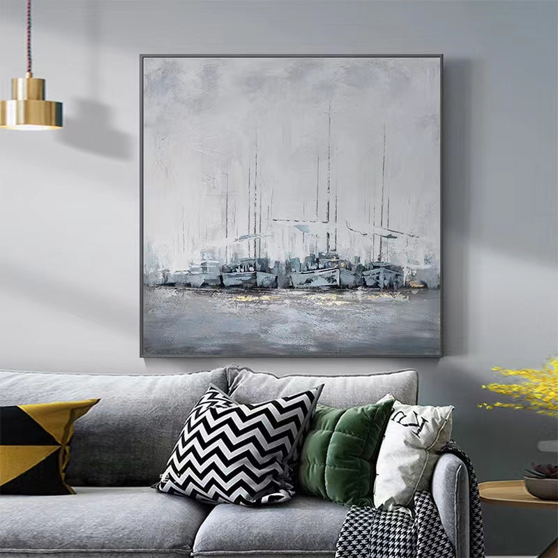 Pure Handpainted Abstract Oil Painting Set Sail Modern Light Luxury Living Room Decoration Painting Restaurant Hanging,31inx31in,No Frame