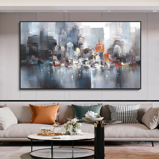 Handmade Oil Painting On Canvas Modern Abstract Wall Art NY City Building Skyline Grey Oil Painting,27inx54in,No Frame