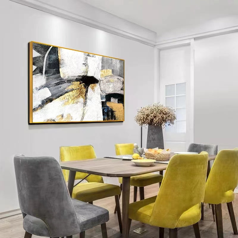 Hand painted Oil Painting Large Size Mural Living Room Black and White Abstract Hanging Painting Gold ,31inx47in,No Frame