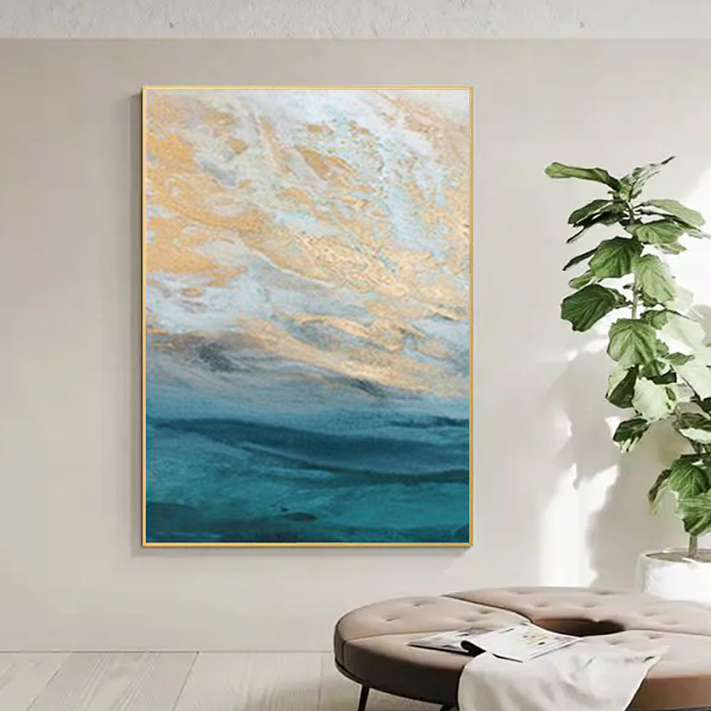 #860 Sea Scenery Unframe Hand Painted Oil Painting On Canvas Gold Foil Sky Landscape Handmade,31inx47in,No Frame