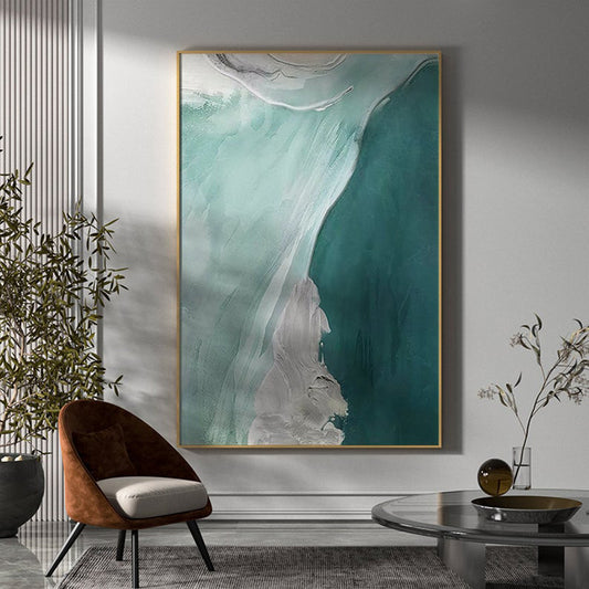 Handmade Abstract Oil Painting Cyan Green Flowing Water Simplicity Wall Art On Canvas Home Decor Restaurant ,31inx47in,No Frame