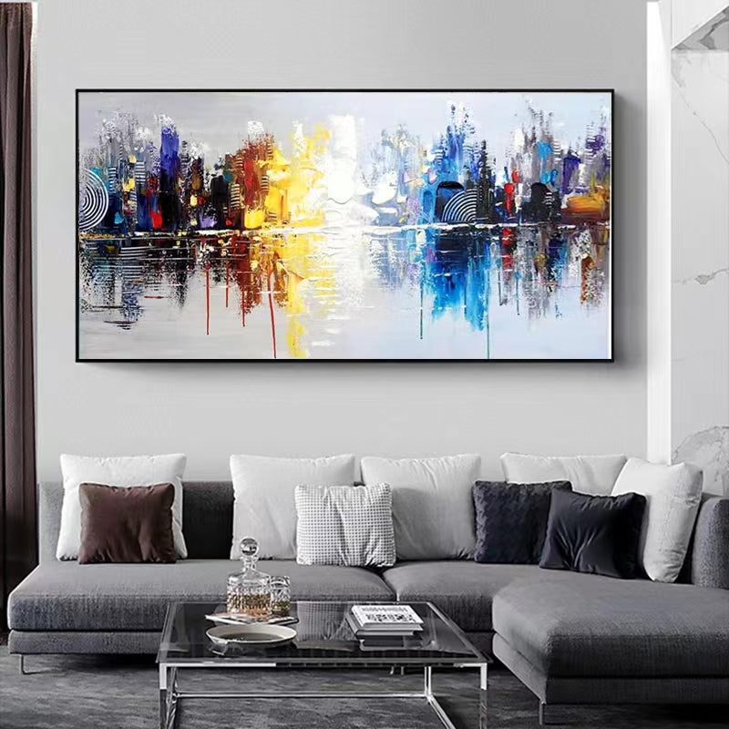 Pure Handmade Oil Painting Modern Minimalist Decorative Painting Aisle Living Room Sofa Mural City Night View,27inx54in,No Frame