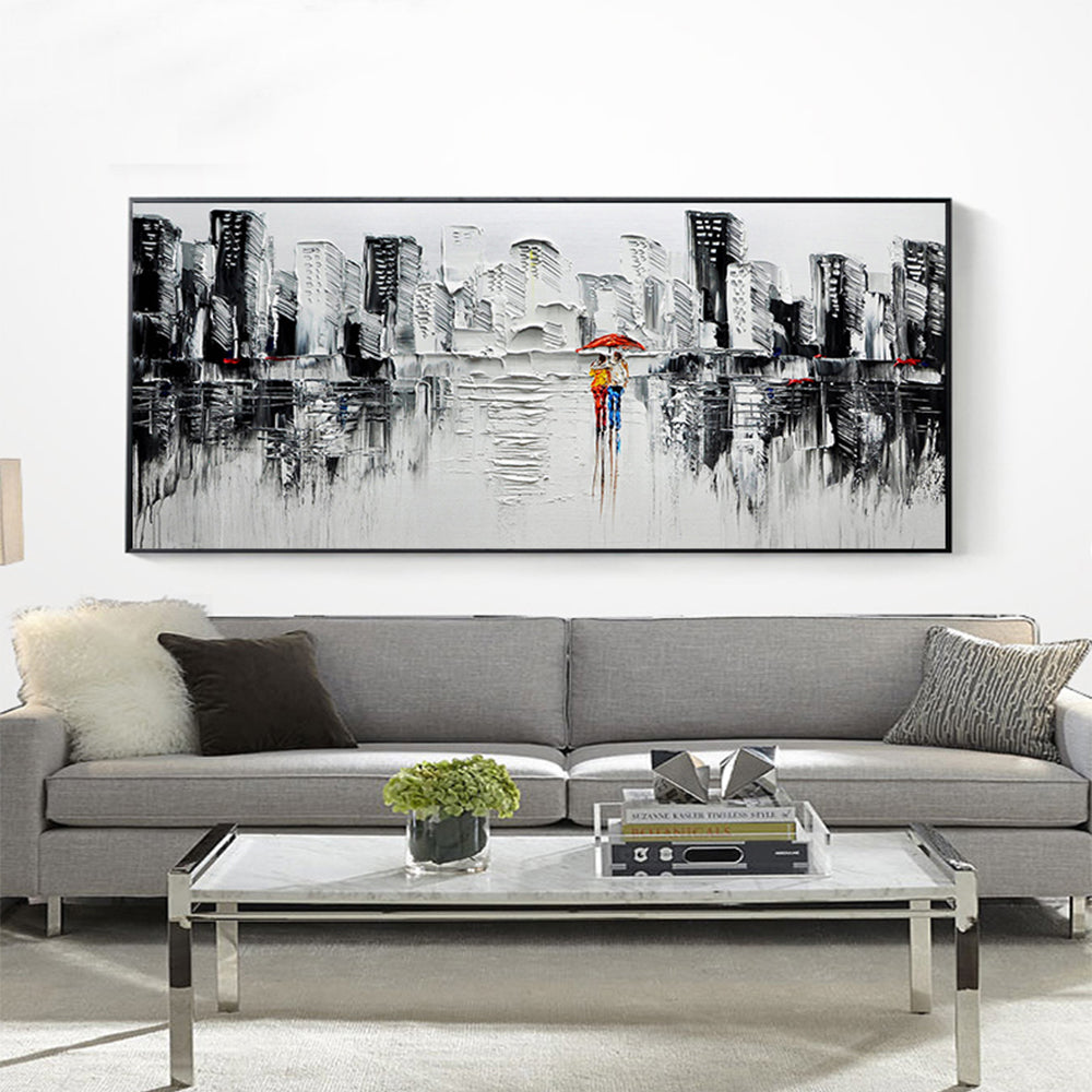 Hand painted Abstract City Building Oil Painting Wall Art Handmade Canvas Painting for Livingroom Home,27inx54in,No Frame