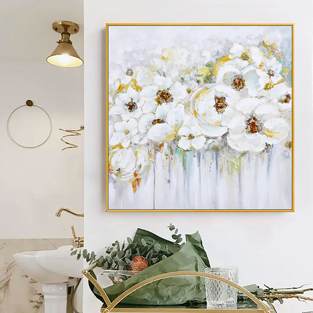 Modern Flower Painting Hand Painted Oil Painting Thick Oil 3D Knife White Flowers Painting For Wedding,31inx31in,No Frame