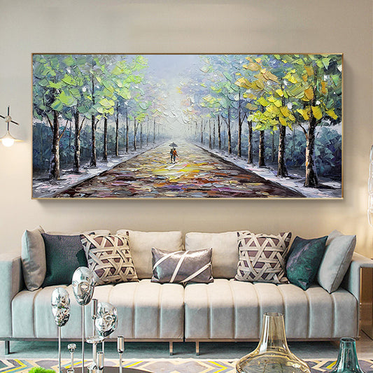 Landscape Oil Painting Wall Art Lovers In The Forest Path Canvas Painting Wall Picture Living Room,27inx54in,No Frame