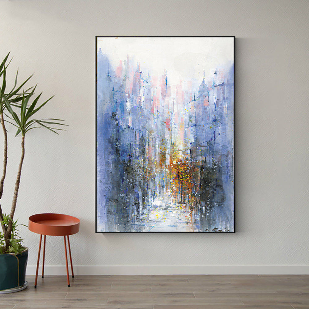 Abstract Light Purple Building Painting Hand Painted Oil Painting On Canvas Handmade Wall Art For Living Room,31inx47in,No Frame