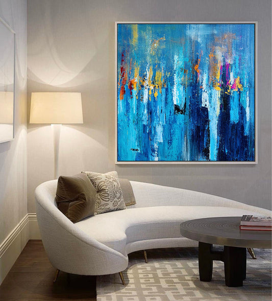 LargeWall-ArtModernArtBlueYellowArtHandPaintedAbstractPaintingTextureArtPaletteKnife 31in,No Frame