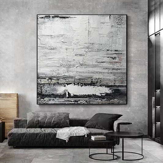 Hand painted Oil Painting Abstract Industrial Painting Vertical Thick Oil Mural Large Decorative Painting Black,31inx31in,No Frame