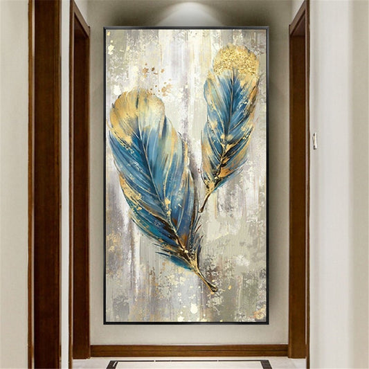 Hand Painted Feather Abstract Gold Foil Oil Painting Modern Home Decoration Wall Art Canvas Painting For Living Room Bedroom,31inx47in,No Frame