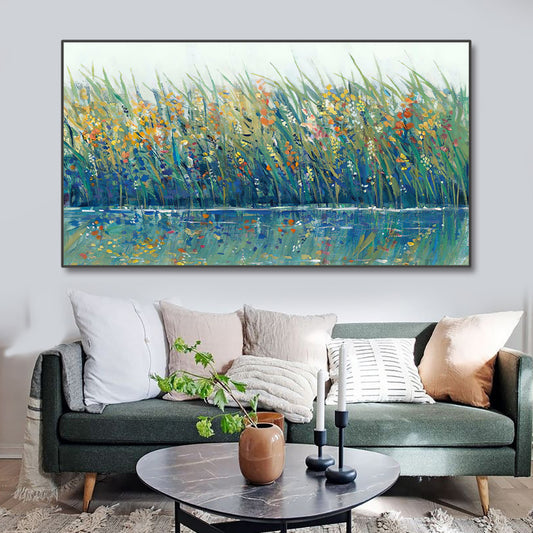 Hand painted Abstract Green Plant Landscape Oil Painting Canvas Wall Art Handmade Flower Oil Artwork,27inx54in,No Frame