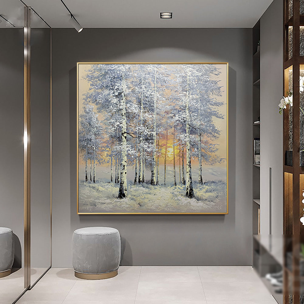 Pure Hand Painted Oil Painting Snow Scene Birch Sunrise Decorative Painting Nordic Landscape Painting Hotel Home,31inx31in,No Frame