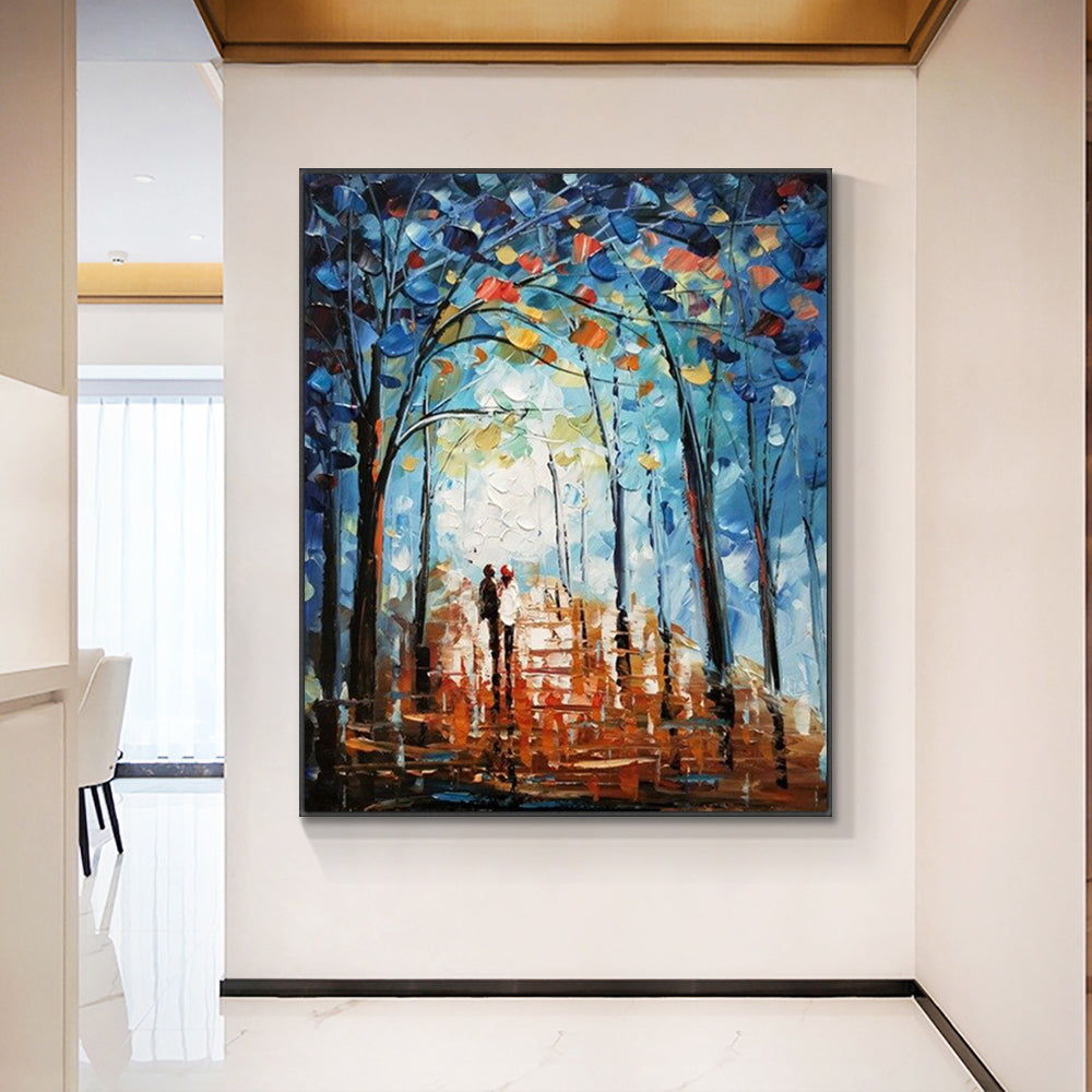 Hand Painted Abstract Lover Working In The Tree lined Lane Oil Painting Handmade Wall Art Living Room,31inx47in,No Frame