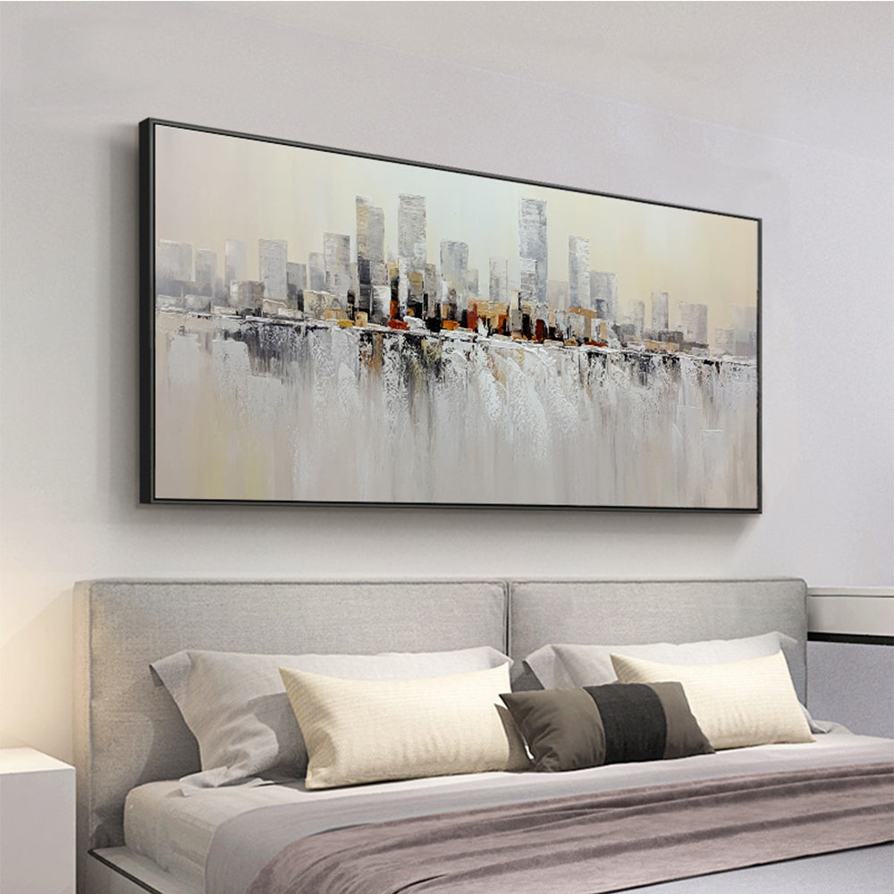 Handmade Building Oil Painting Abstract City Scenery Art Canvas Painting Wall Hangings Picture For Living Room,27inx54in,No Frame