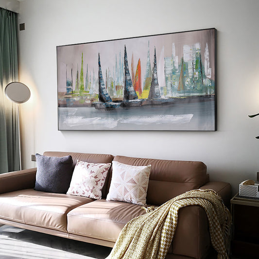 Handmade Abstract Colorful Sailing Boat Oil Painting Seascape Canvas Art Hand Painted Oil Painting,27inx54in,No Frame