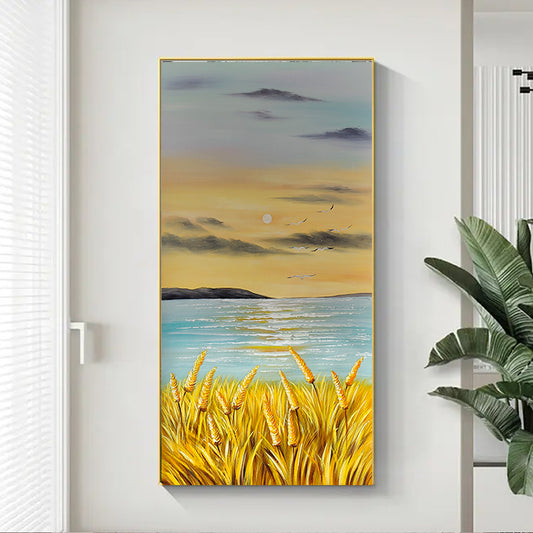 Hand Painted Sea Scenery Oil Painting Handmade Mountain Landscape Canvas Paintings Modern Artist Home Decoration,27inx54in,No Frame
