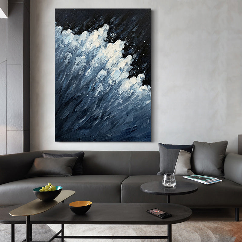 Hand Drawn Abstract Seascape Acrylic Paintings Sea Wave Spray On Canvas Wall Art Poster For Living Room,31inx47in,No Frame
