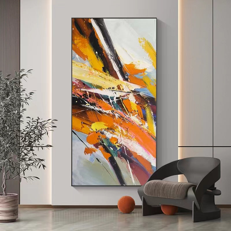 Pure Hand painted Oil Painting Orange Modern Abstract Corridor Decoration Painting Living Room Vertical Version Hanging,27inx54in,No Frame