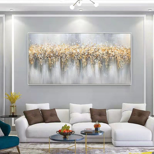 Hand Painted Abstract Mural on Canvas Modern Art Deco Painting Living Room Horizontal Composition Yellow,27inx54in,No Frame