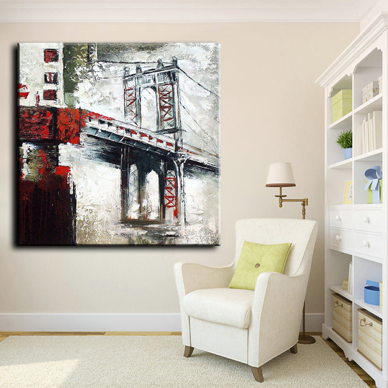 Abstract Handpainted Textured Bridge Oil Painting Modern Landscape Wall Art Canvas Painting For Living Room,31inx31in,No Frame