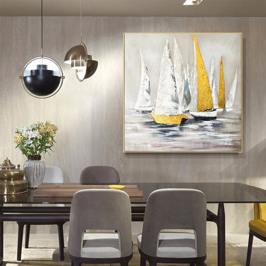 Handmade Oil Painting Sailboat Gold Foil Abstract Landscape Modern Minimalist Hotel Living Room Decoration Painting,31inx31in,No Frame