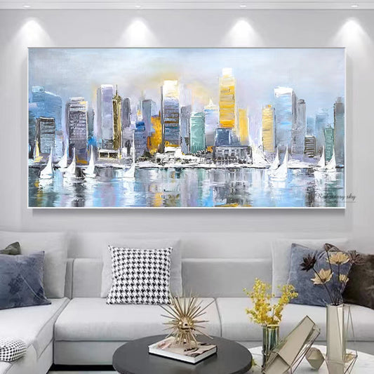 Urban Landscape Pure Hand painted Oil Painting Living Room Decorative Painting Bedroom Bedside Senior Hanging Painting,27inx54in,No Frame
