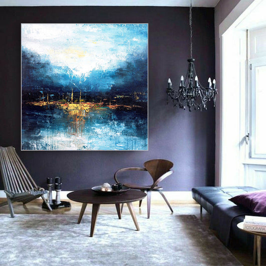Handmade Abstract Large Blue Oil Painting Modern Mural Living Room Decoration Painting Large Size,31inx31in,No Frame