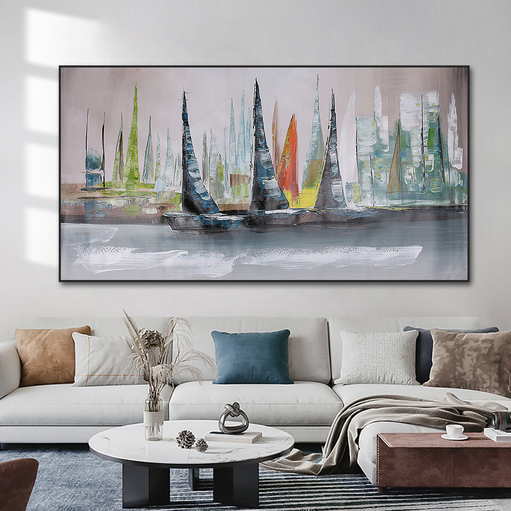 Textured Colorful Sailboat Oil Painting Hand Painted On Canvas Modern Nordic Handmade Acrylic Wall Art,27inx54in,No Frame