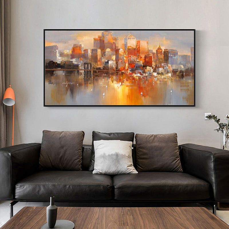 Wall Art Cityscape Oil Painting Hand Painted Decorative Modern Abstract Urban Colorful Handmade Painting,27inx54in,No Frame