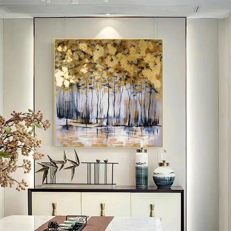 Pure Hand painted Abstract Oil Painting Living Room Hanging Painting Sofa Decoration Painting Gold Foil Fortune,31inx31in,No Frame