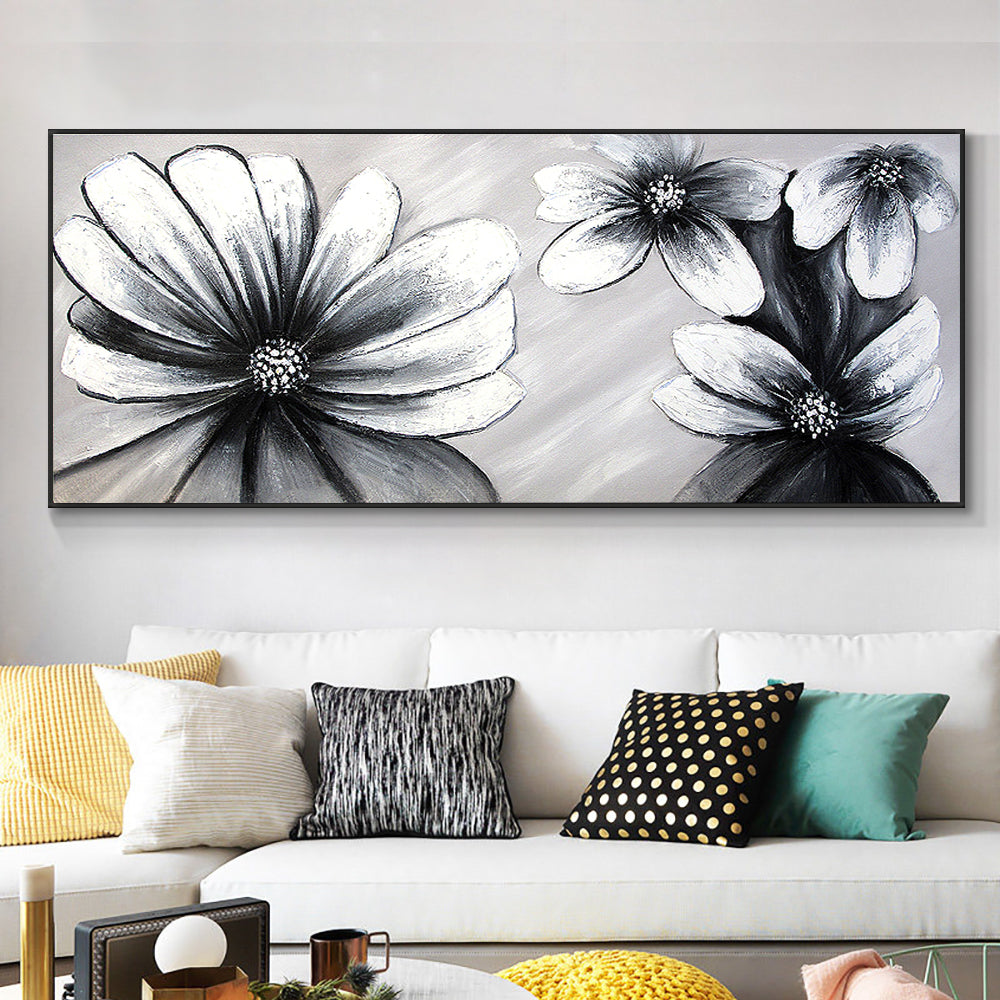 Abstract Hand Painted Black White Flowers Oil Painting On Canvas Thick Palette Knife Painting Wall,27inx54in,No Frame