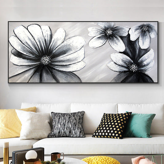 Abstract  Hand Painted Black White Flowers Oil Painting On Canvas Thick Palette Knife Painting Wall,27inx54in,No Frame